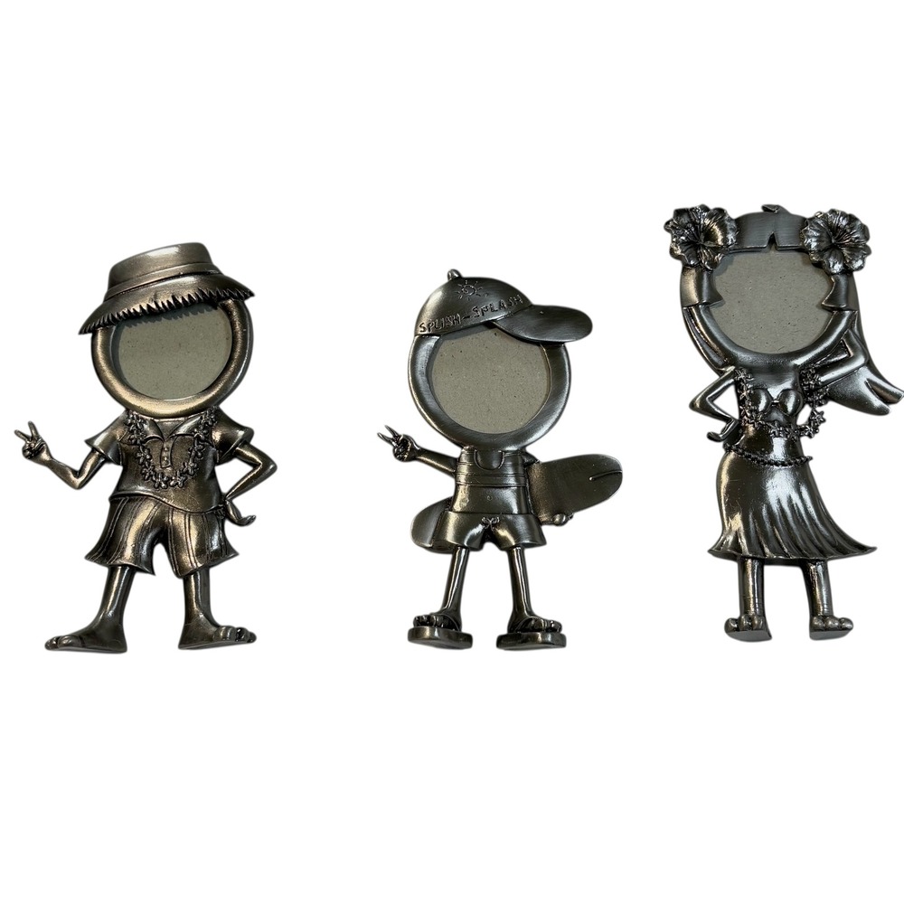Tropical Hawaiian Figurine Photo Frame Set of 3 Silver Pewter Tone Beach‎ Hula